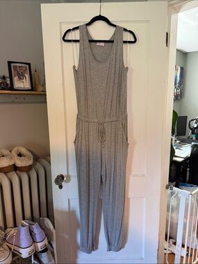 Pink Lily Light Gray Sleeveless Knit Jumpsuit with Drawstring